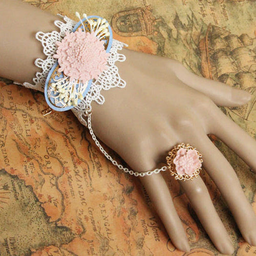 Pink Retro Flower Fashion White Lace Female Lolita Ring Bracelet - Pink - 1