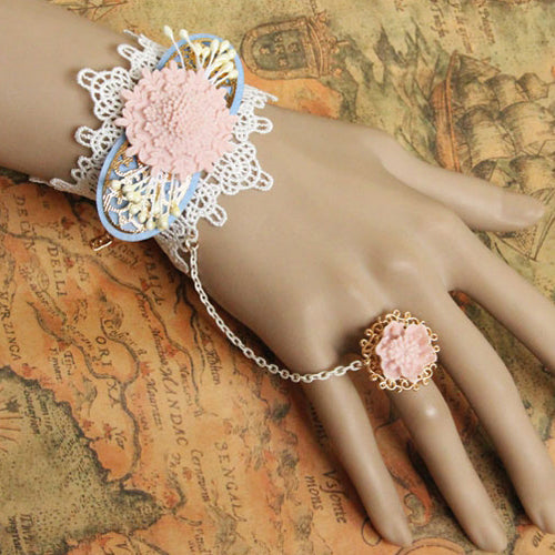 Pink Retro Flower Fashion White Lace Female Lolita Ring Bracelet - Pink - 1