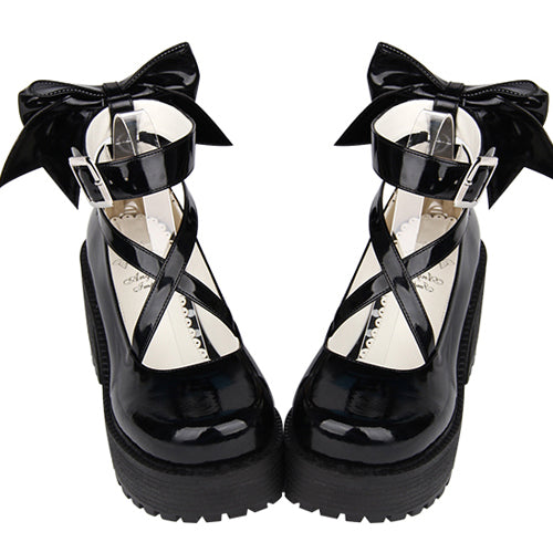 Black Patent Leather Cute Bowknot Lolita Round-toe High Heel Shoes - Product - 2
