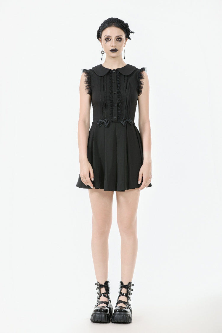 Black Peter Pan Collar Sleeveless Bowknot Pleated Women's Gothic Graduation Dress - Product - 7
