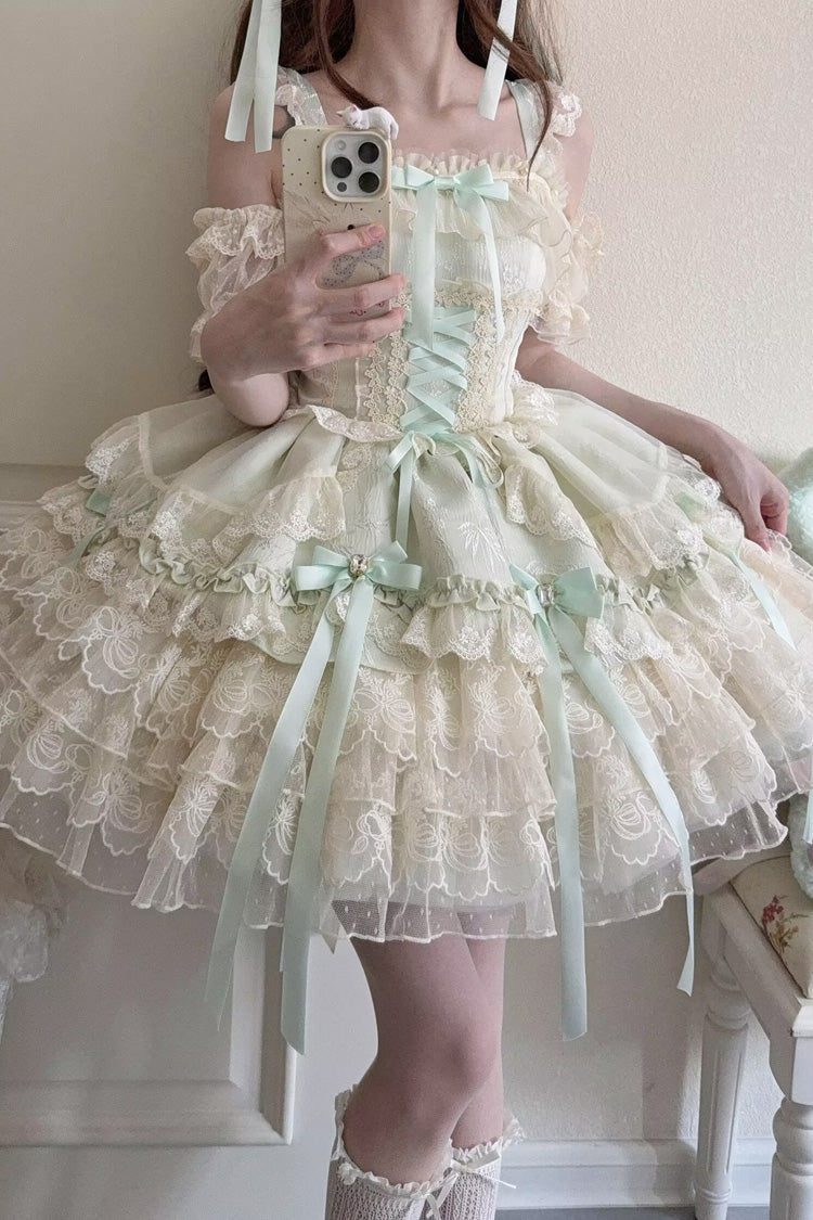 Green [Ribbon Heart Love] Sleeveless Multi-Layered Ruffle Bowknot Lace Lace-Up Sweet Princess Ballet Lolita Jsk Dress - Product - 7