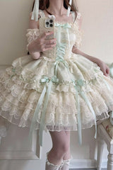 Green [Ribbon Heart Love] Sleeveless Multi-Layered Ruffle Bowknot Lace Lace-Up Sweet Princess Ballet Lolita Jsk Dress - Product - 7