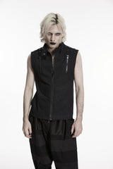 Black Stand Collar Sleeveless Studded Zippered Men's Punk Handsome Vest - Black - 1