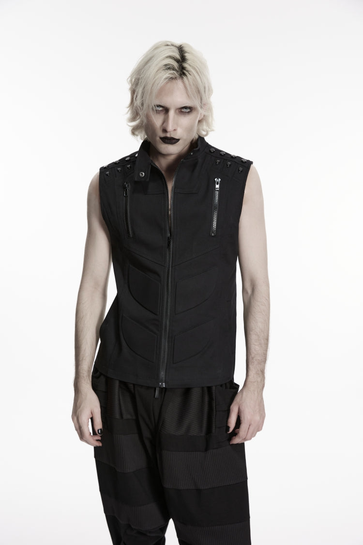 Black Stand Collar Sleeveless Studded Zippered Men's Punk Handsome Vest - Black - 1