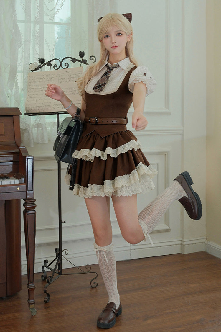 Brown Coco Love Letter Double-Layered Ruffle Lace Sweet College Style Lolita Skirt Set - Product - 5