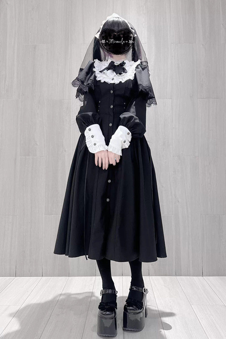 Black/White [Silent Prayer] Long Sleeves Ruffled Bow Lace-Up Gothic Jirai Kei Long Dress - Product - 2