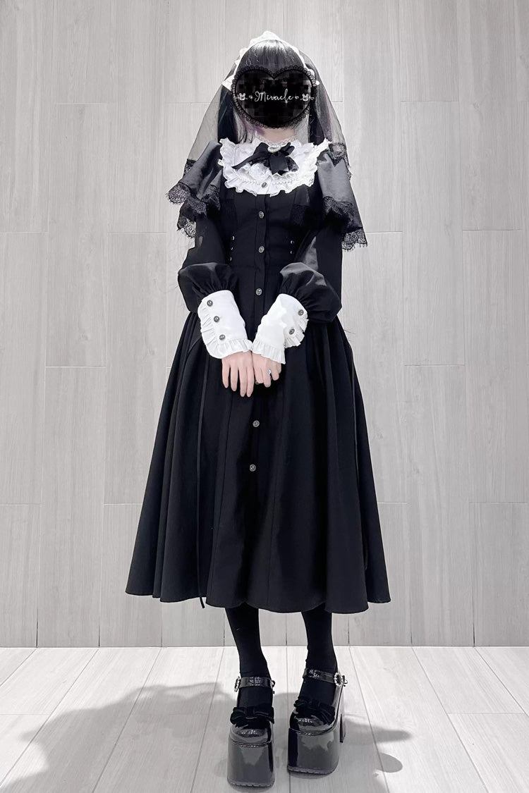 Black/White [Silent Prayer] Long Sleeves Ruffled Bow Lace-Up Gothic Jirai Kei Long Dress - Product - 2
