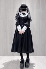 Black/White [Silent Prayer] Long Sleeves Ruffled Bow Lace-Up Gothic Jirai Kei Long Dress - Product - 2