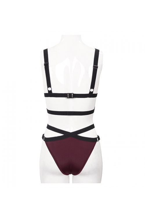Black Red Lace Cross Strap Burgundy Gothic Swimsuit Set - Product - 13