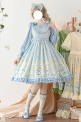 Blue [Lily of the Valley Cat] Print Ruffle Embroidery Bowknot Sweet Lolita Dress - Blue - 1