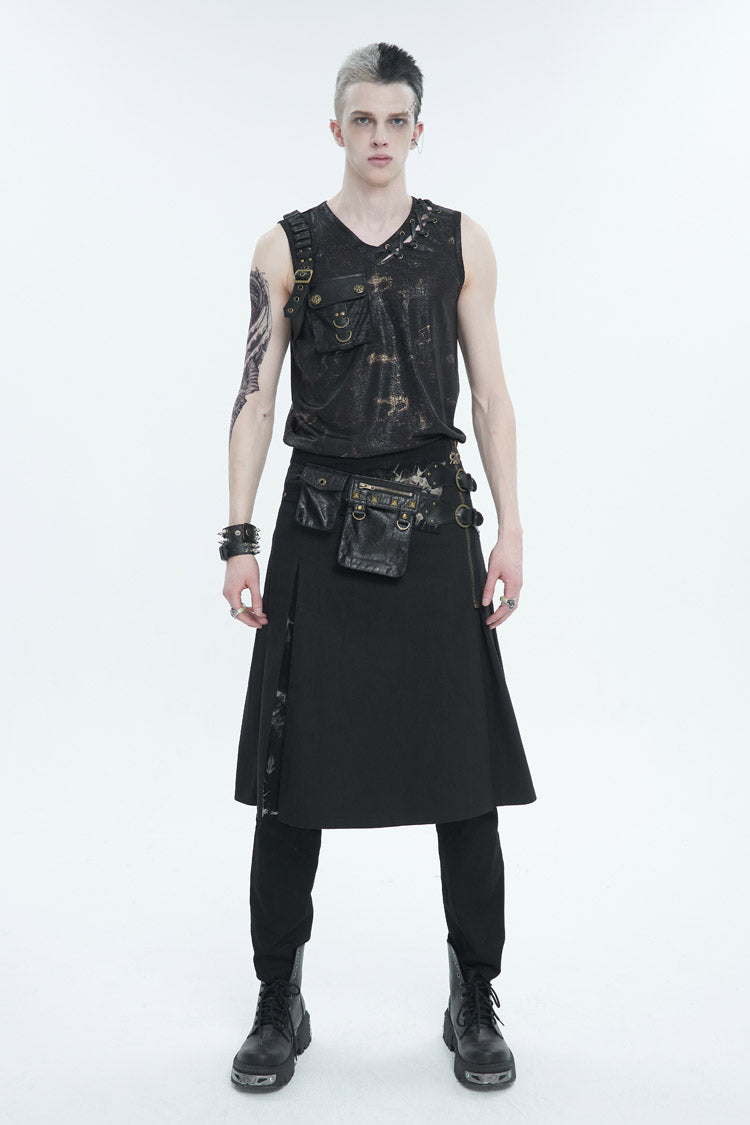 Black Tie-Dye Patchwork With Waist Bag Men's Gothic Skirt - Product - 5
