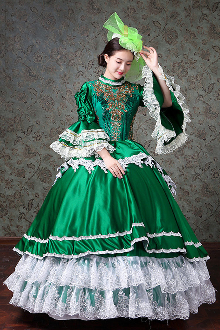 Multi-Layer Trumpet Sleeves High Waisted Lace Stitching Embroidery Print Victorian Lolita Prom Dress - Green - 6