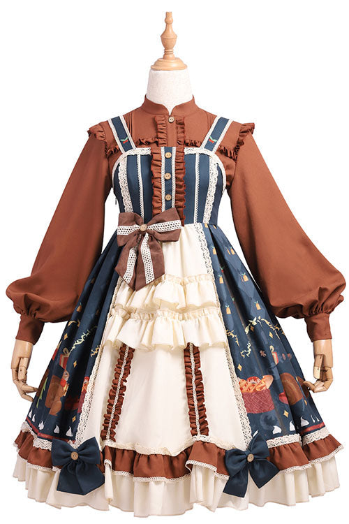 Blue/Brown Christmas Bread Squirrel Gift Print Cardigan Bowknot Multi-Layer Ruffled Sweet Lolita JSK Dress - Product - 6