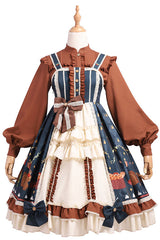 Blue/Brown Christmas Bread Squirrel Gift Print Cardigan Bowknot Multi-Layer Ruffled Sweet Lolita JSK Dress - Product - 6