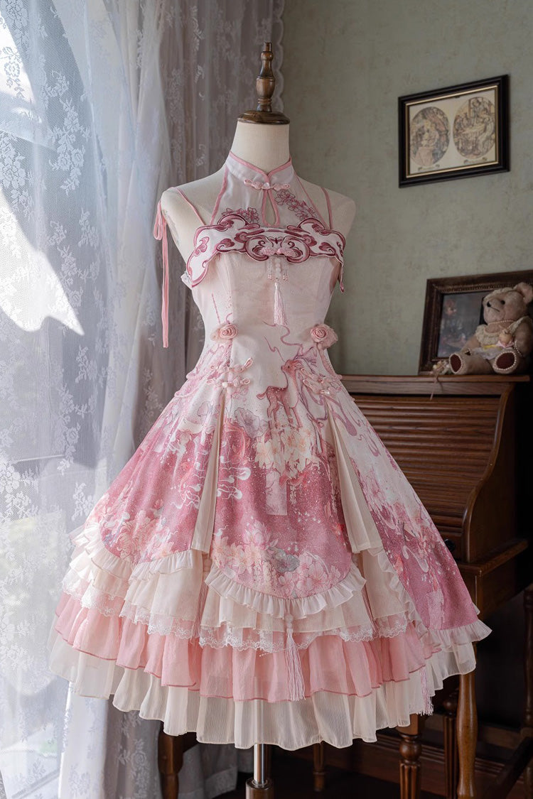 Pink [Flower Feast] Multi-Layered Print Ruffle Bowknot Sweet Chinese Style Lolita Jsk Dress - Pink - 1