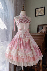 Pink [Flower Feast] Multi-Layered Print Ruffle Bowknot Sweet Chinese Style Lolita Jsk Dress - Pink - 1