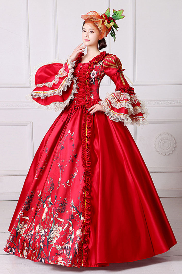 Half Sleeves Multi-Layer Trumpet Sleeves High Waisted Floral Print Victorian Lolita Prom Dress - Product - 3