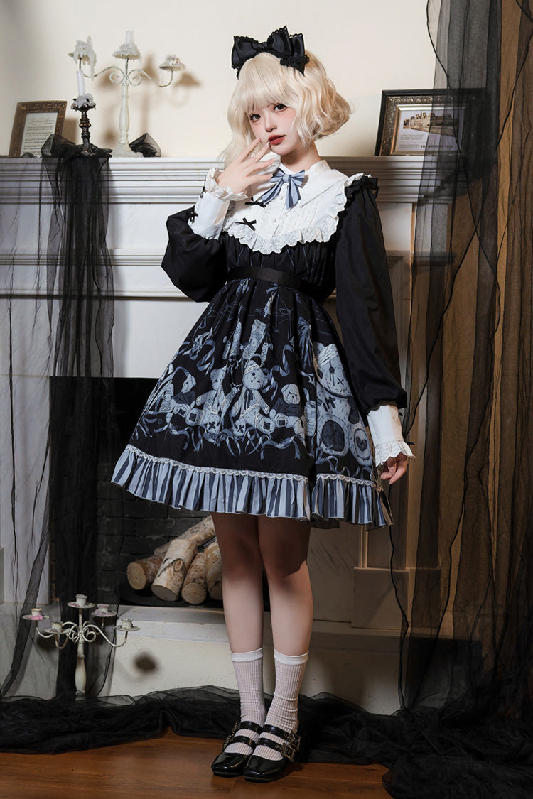 Black Bandage Bear Print Long Sleeves Ruffle Bowknot Lace Gothic Lolita Dress - Product - 6
