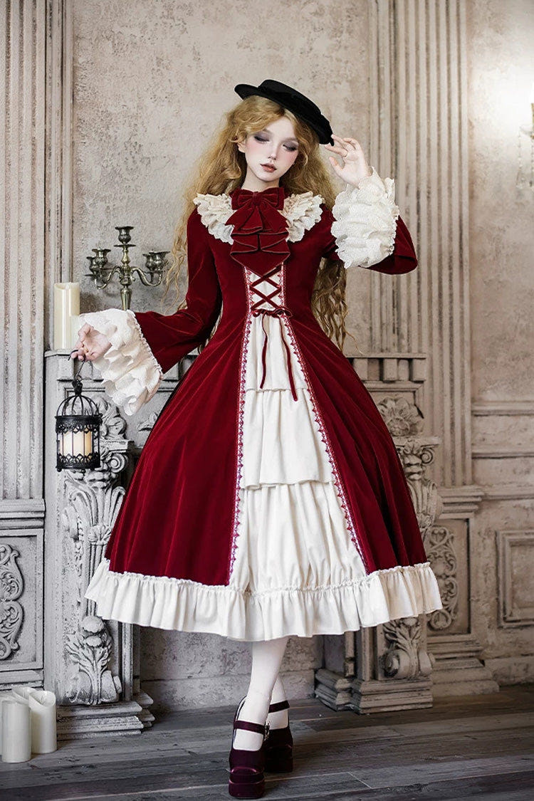 Red [Letters and Poems · Nutcracker Box] Long Sleeves Ruffled Open-Front Bow Lace-Up Gothic Lolita Dress - Red - 1