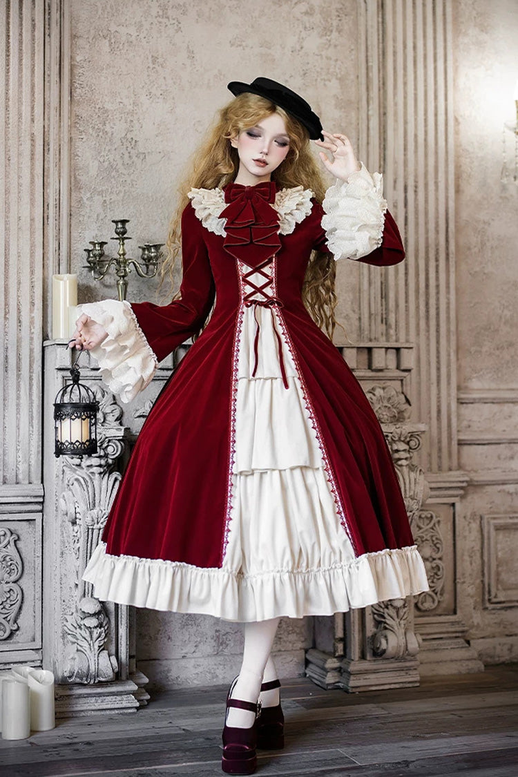Red [Letters and Poems · Nutcracker Box] Long Sleeves Ruffled Open-Front Bow Lace-Up Gothic Lolita Dress - Red - 1