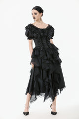 Black Square Collar Short Sleeves Ruffled Lace Lace-Up Women's Gothic Rococo Corset Top - Product - 9