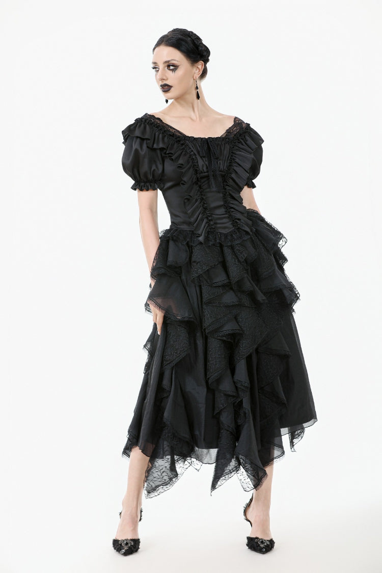 Black Square Collar Short Sleeves Ruffled Lace Lace-Up Women's Gothic Rococo Corset Top - Product - 9