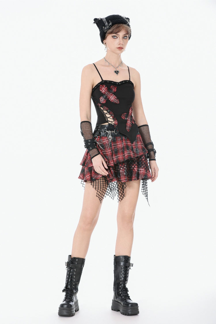 Black Strap Off Shoulder Asymmetric Side Lace-Up Eyelet Women's Punk Plaid Cross Bustier - Product - 10