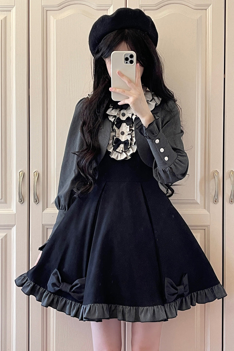 Black [Serenade] Long Sleeves Ruffle Bowknot Fake Two Pieces Classic Lolita Dress - Black - 1