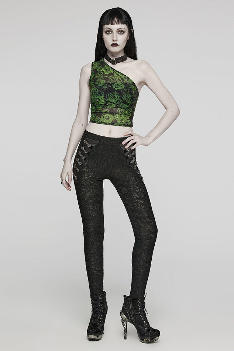 Black Print Slim Mesh Button Decoration Women's Gothic Leggings - Product - 4