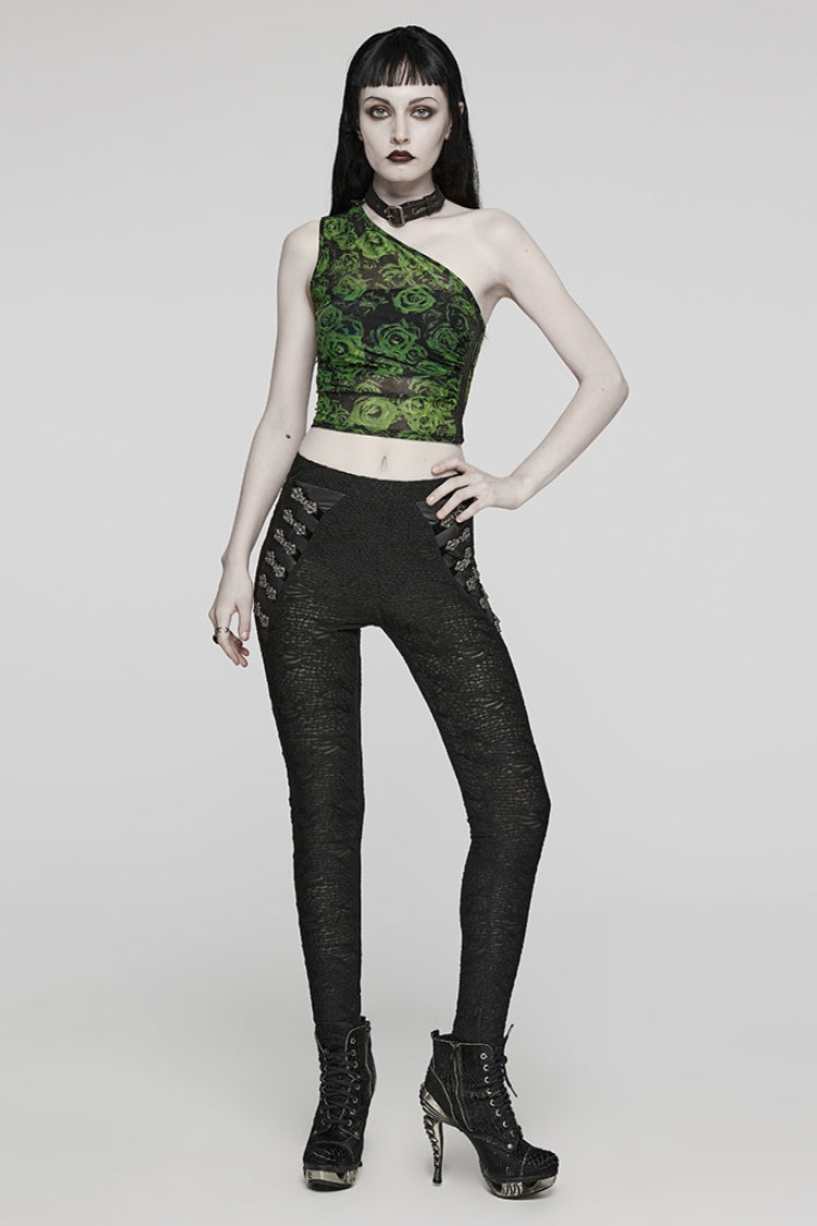 Black Print Slim Mesh Button Decoration Women's Gothic Leggings - Product - 4