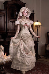Light Brown [Cupid’s Poetry Box] Boat Neck Short Puff Sleeves Ruffled Cut-Out Embroidered Bow Lace Gothic Elegant Lolita Skirt Dress and Top Set - Product - 4