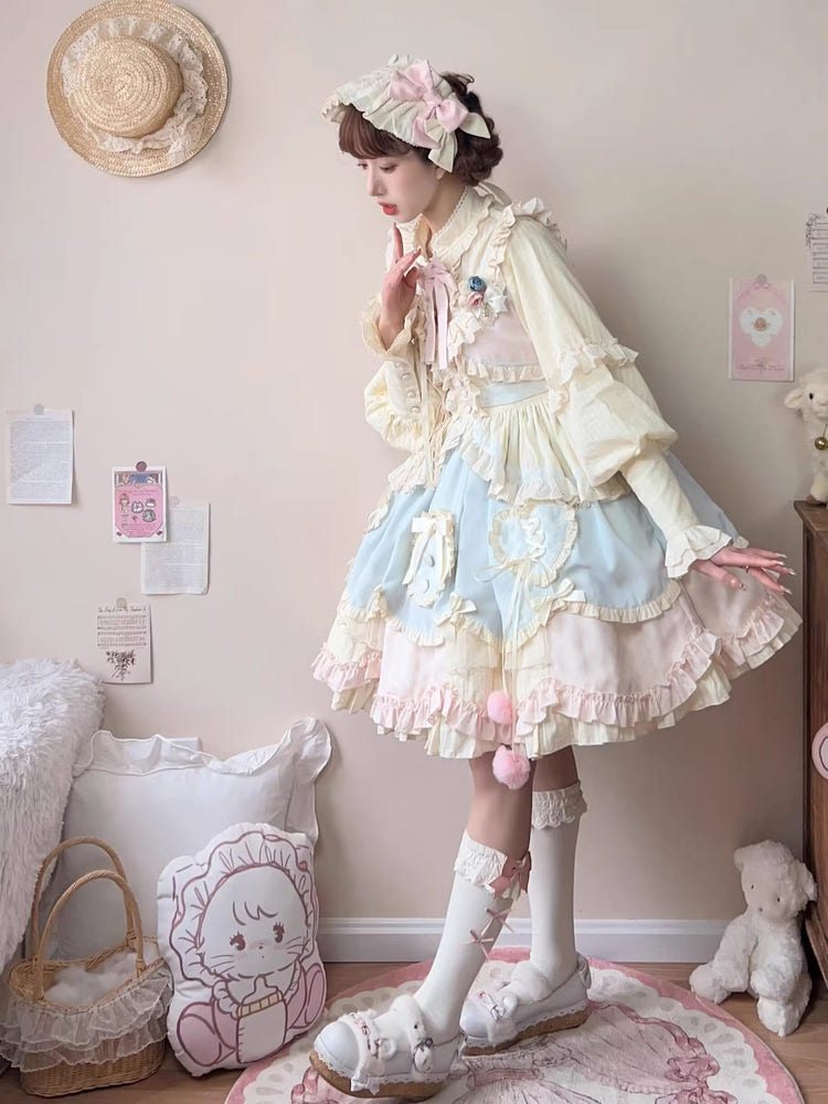 複数-カラー [Mianmian Macaron] ノースリーブ ティアード フリル リボン レース スウィートロリータ ジャンパースカート（JSK） (ショート丈) 商品画像