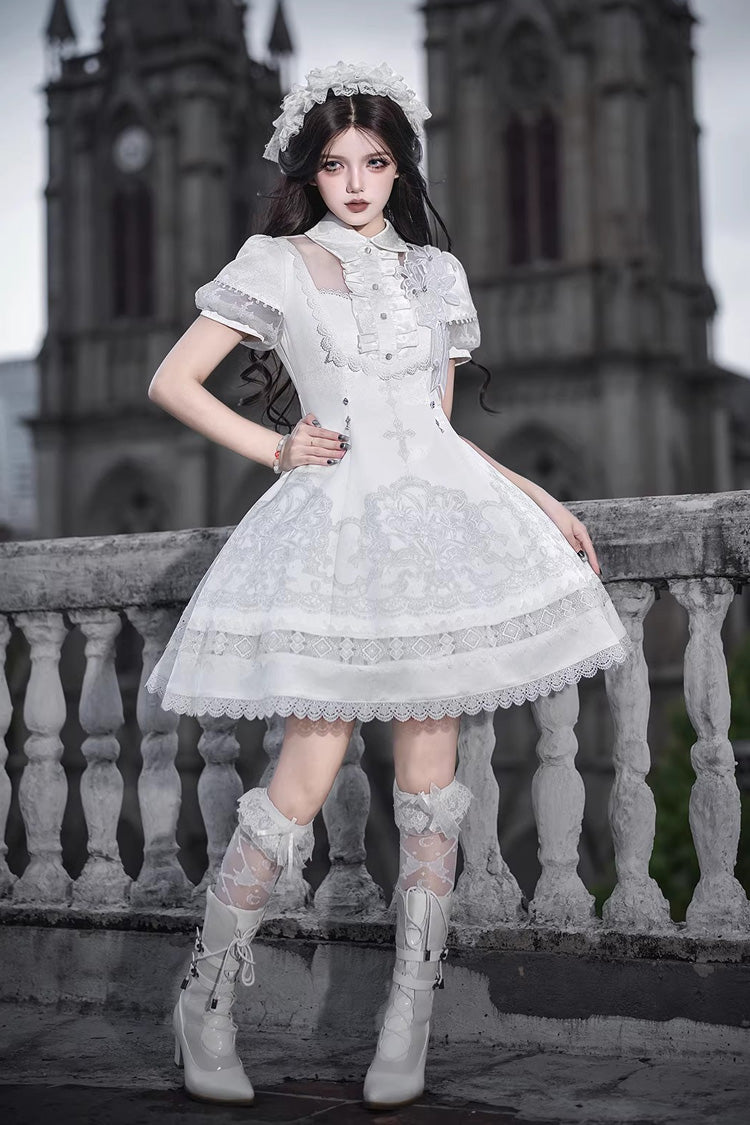 White Lapel Collar Short Sleeves Printed Ruffled Lace Classic Gothic Elegant Lolita Dress - Product - 11