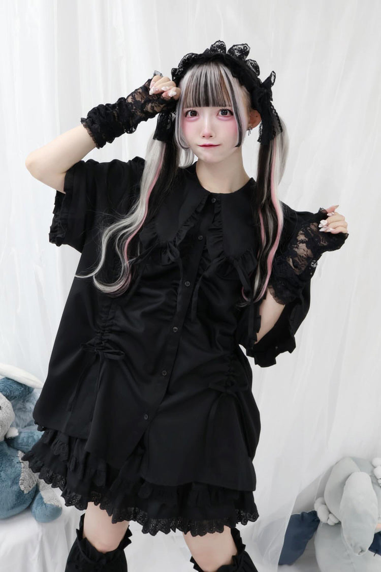 Doll Collar Long Sleeves Ruffle Bowknot Sweet Jirai Kei Japanese Blouse 3 Colors - Black - 2