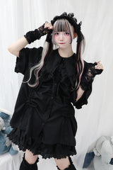 Doll Collar Long Sleeves Ruffle Bowknot Sweet Jirai Kei Japanese Blouse 3 Colors - Black - 2