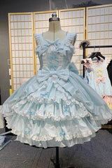 [Grisha] Sleeveless Triple-Layered Ruffle Cardigan Bowknot Lace Sweet Plus Size Lolita Jsk Dress 3 Colors - Blue - 1