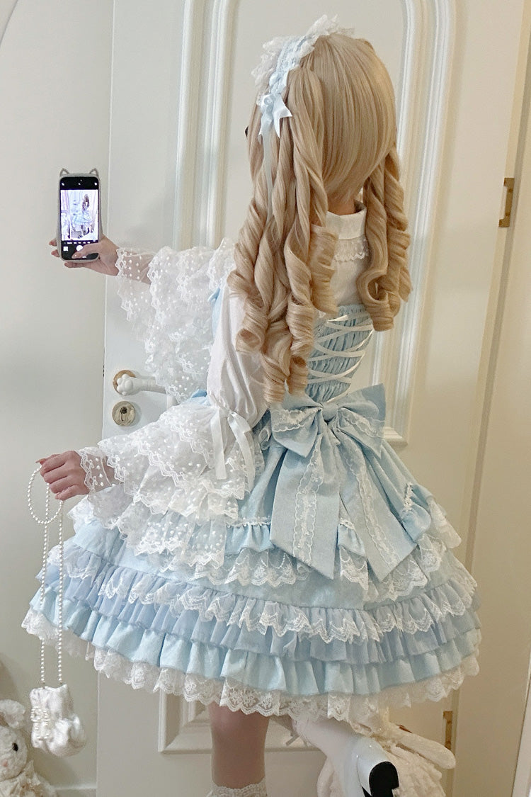 Blue Multi-Layered Ruffle Bowknot Stitching Lace Sweet Lolita Jsk Dress - Product - 4