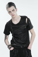 Black Left Off Shoulder Chest Zipper Embellished Men's Punk Short Sleeve - Product - 2