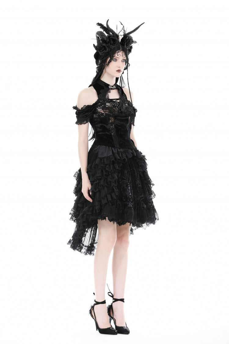 Black Women's Gothic Princess Multi-Layered Ruffled Lace High-Low Skirt - Product - 9