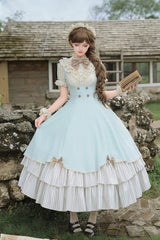 Blue [Sea Salt Snow Cap] Stand Collar Short Sleeves Petal Hem Ruffled Bow Sweet Lolita Dress Set 2 Versions - Product - 14