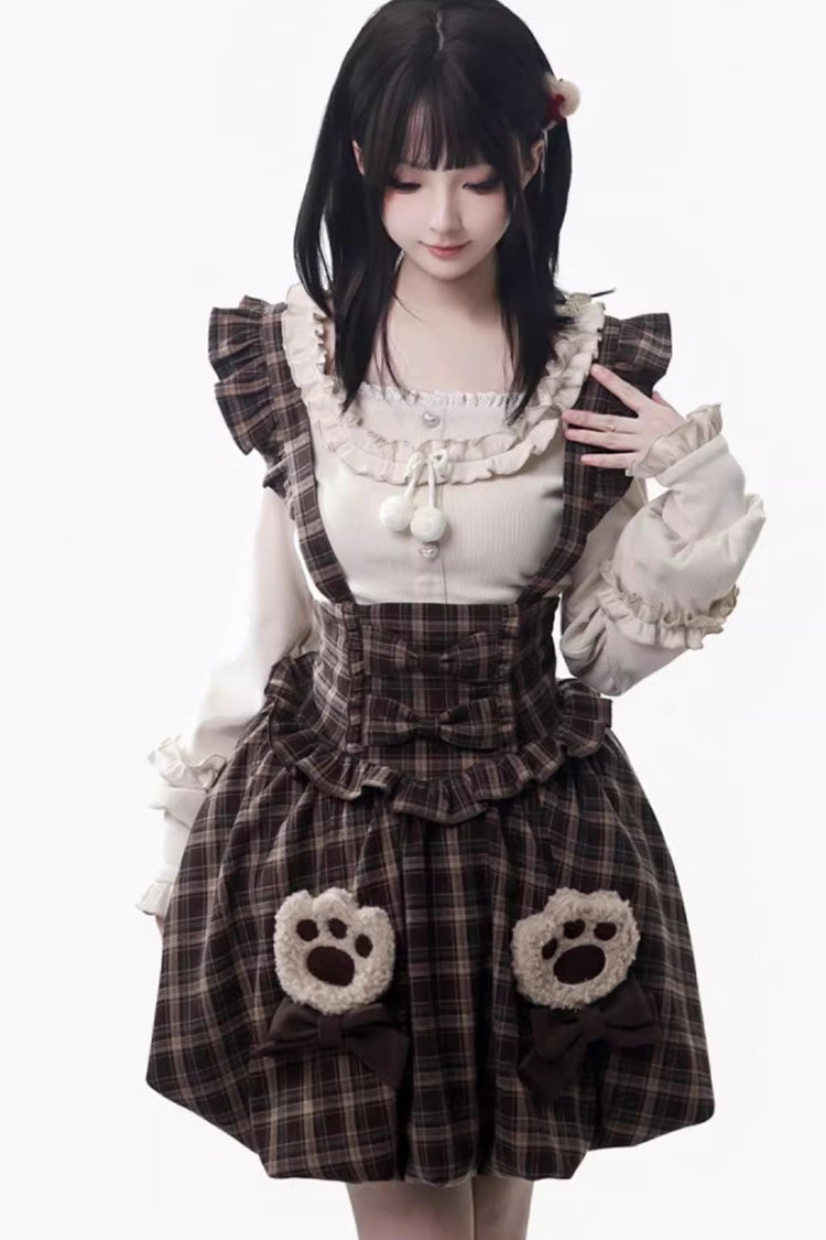 Brown [Fluffy Little Bear] Sleeveless Printed Ruffled Bow Sweet Lolita Strap Dress - Product - 5