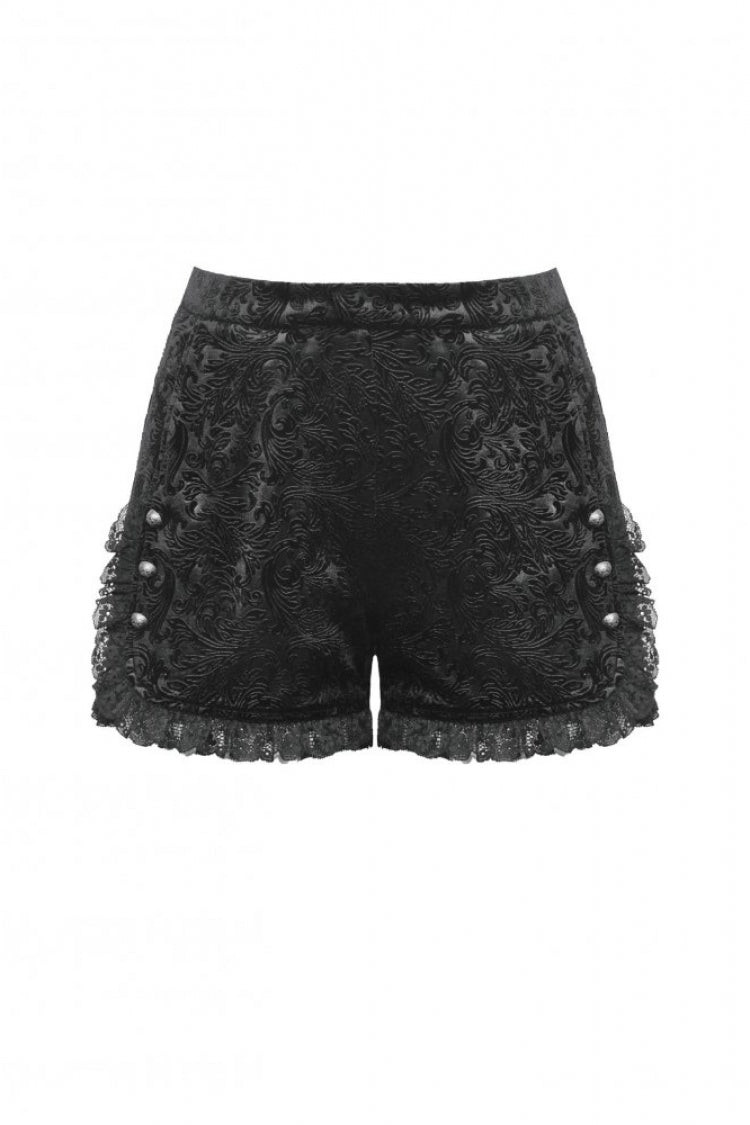 Black Embossed Ruffled Lace Splice Women's Punk Shorts - Product - 3