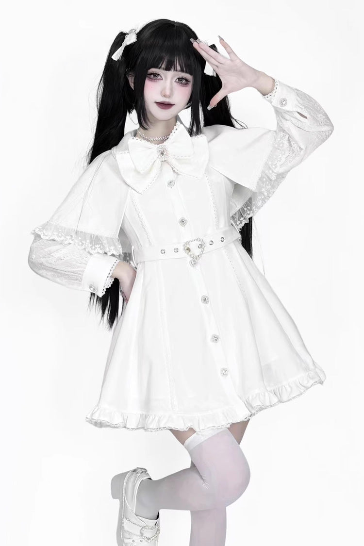 White Long Sleeves Removable Cape Ruffle Lace Gothic Jirai Kei Elegant Dress - White - 1