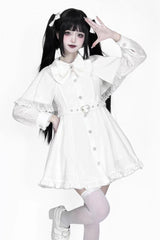 White Long Sleeves Removable Cape Ruffle Lace Gothic Jirai Kei Elegant Dress - White - 1