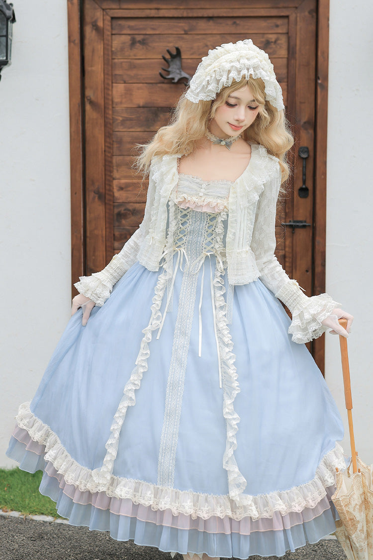 Blue [Island Diary] Square Collar Flutter Sleeves Triple-Layered Ruffled Lace-Up Sweet Lolita Jsk Dress 2 Versions - Product - 12