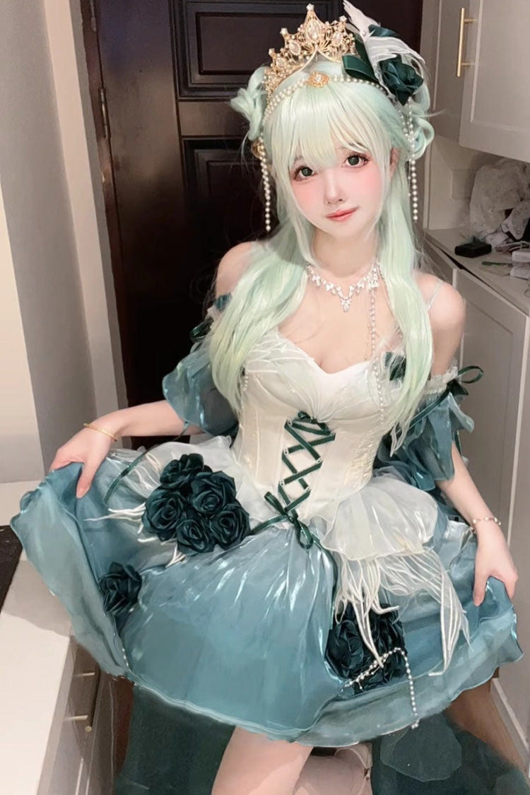 Amber Green [Swan Wonderland] Embroidery Bowknot Lace-Up Sweet Ballet Lolita Jsk Dress Short Version - Green - 1