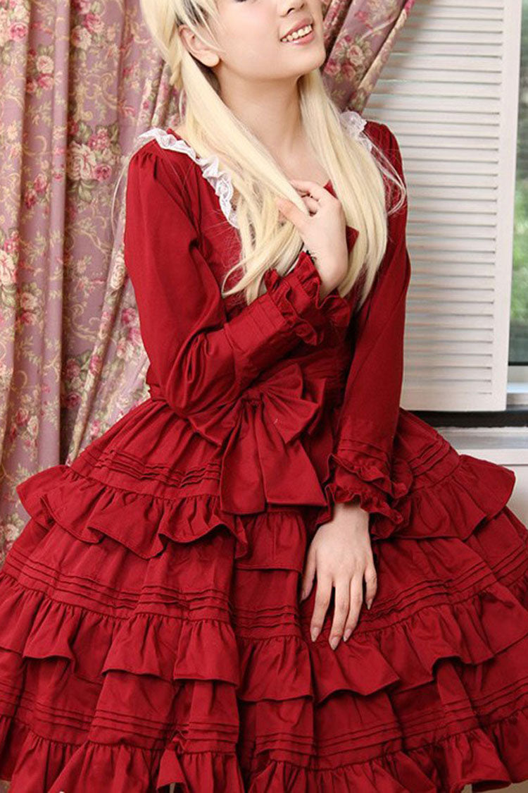 Wine Red Long Sleeves Ruffled Classic Lolita Dress - Red - 1