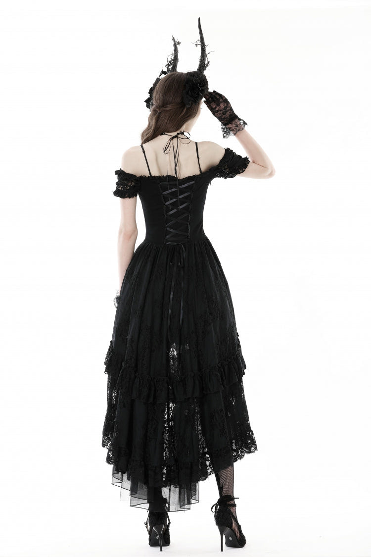 Black Boat Neck Off Shoulder Short Puff Sleeves Ruffled Lace Lace-Up Irregular Women's Gothic Dovetail Dress - Product - 4
