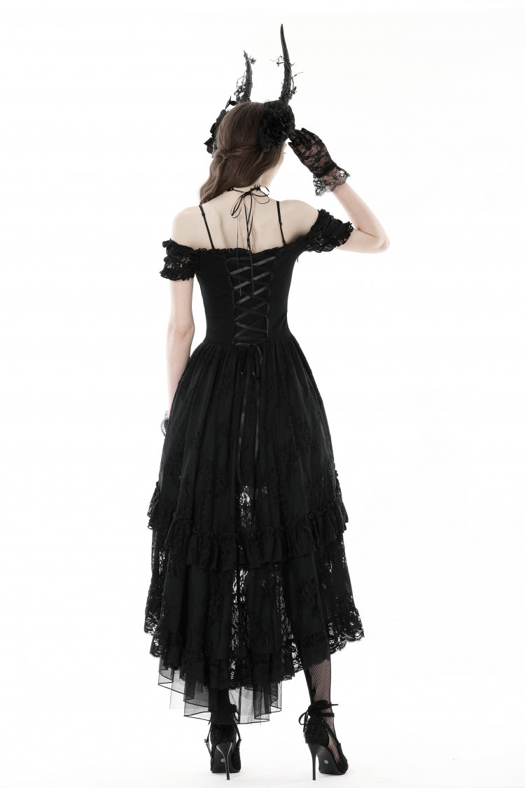 Black Boat Neck Off Shoulder Short Puff Sleeves Ruffled Lace Lace-Up Irregular Women's Gothic Dovetail Dress - Product - 4