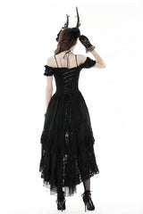 Black Boat Neck Off Shoulder Short Puff Sleeves Ruffled Lace Lace-Up Irregular Women's Gothic Dovetail Dress - Product - 4